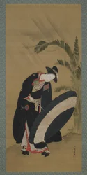 Sommer: en ung kvinde sætter en paraply op, Edo-periode, ca. 1772-80 (farve og guld på silke)